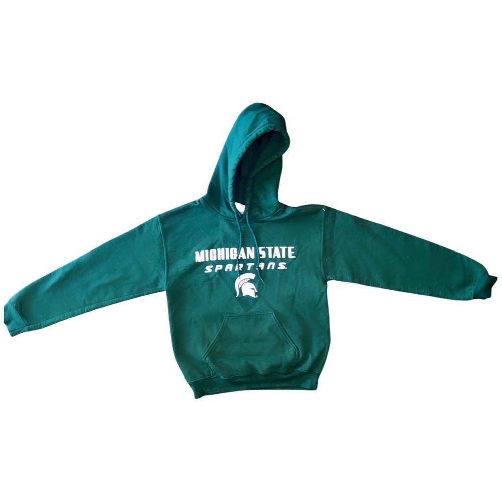 GILDAN Vintage MSU Michigan State Spartans Hooded Sweatshirt Green Size Small - Picture 2 of 3